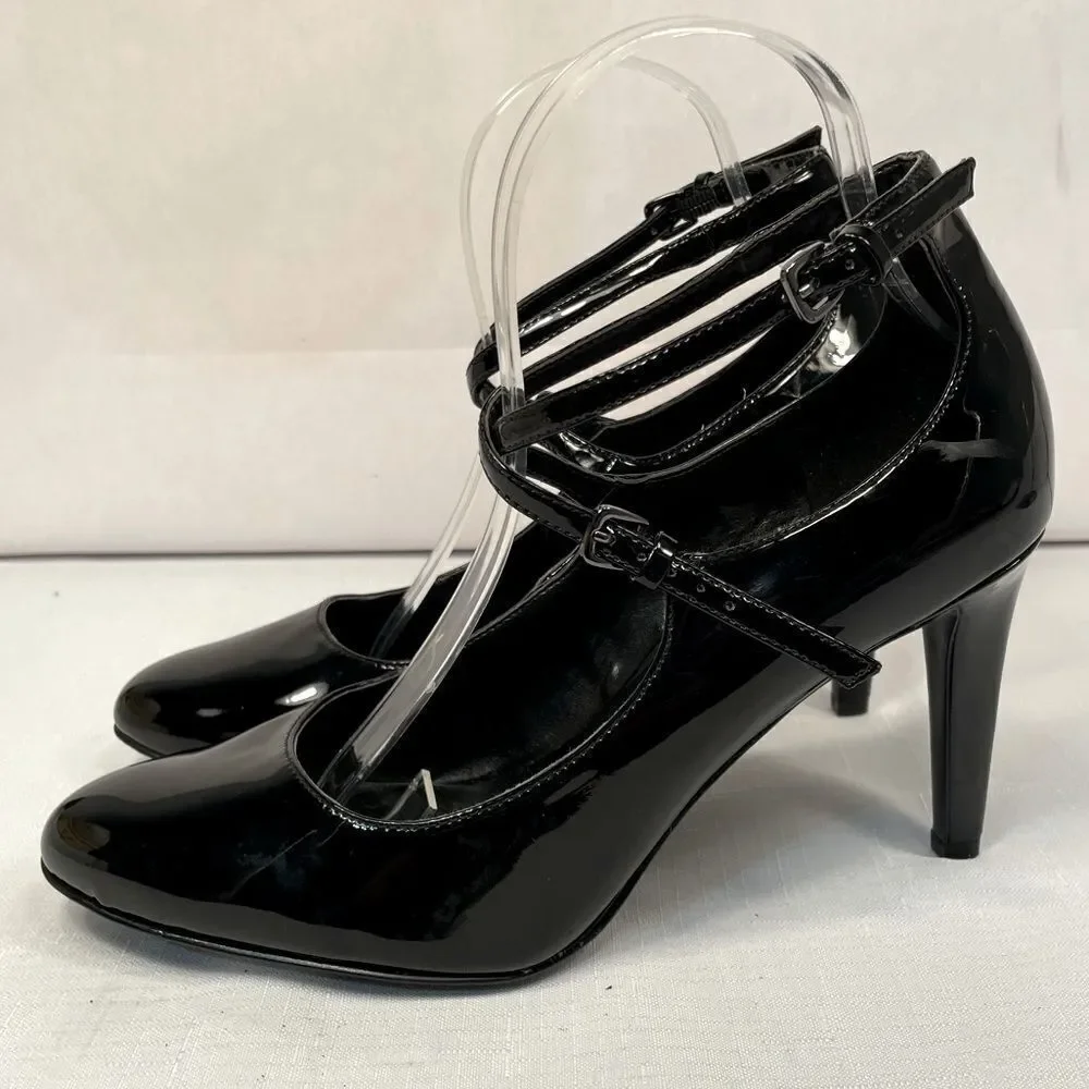 Elegant Black Patent Leather Women's Ankle Strap Heels by Nine West size 8.5 EUC